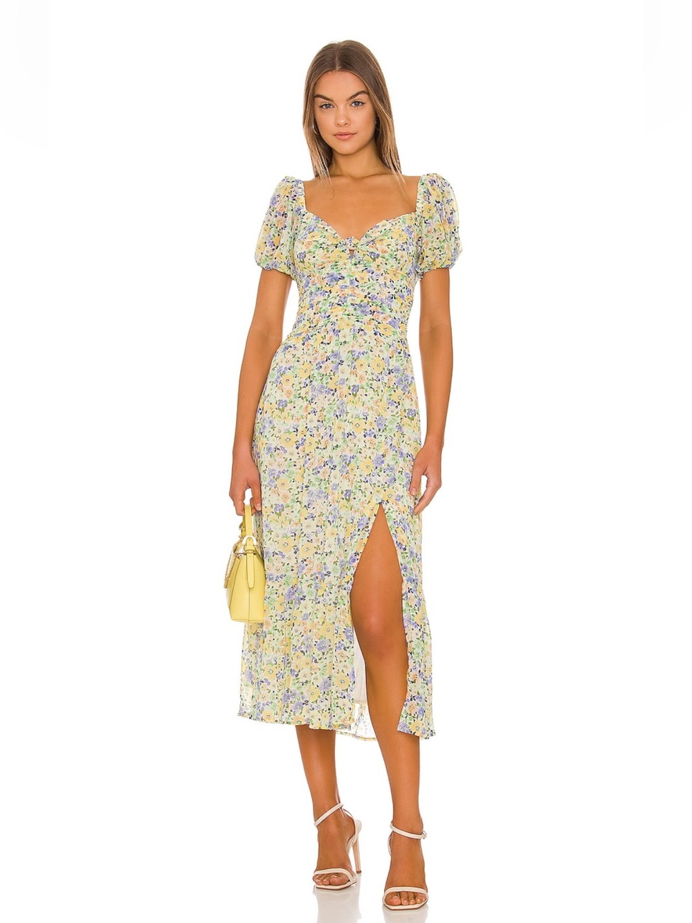 Astr Irma Dress Yellow Floral Puff-Sleeve Midi Dress with Sweetheart Neckline
